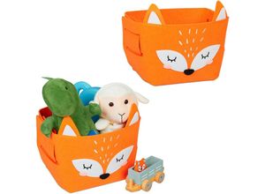 4052025487195 - Relaxdays - 2 x Aufbewahrungskorb Filz Fuchs-Motiv Filzkorb Kinder faltbar HxBxT 24 x 27 x 18 cm Spielzeugkorb orange