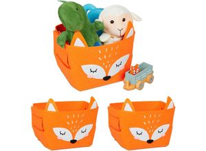 4052025487201 - Relaxdays - 3 x Aufbewahrungskorb Filz Fuchs-Motiv Filzkorb Kinder faltbar HxBxT 24 x 27 x 18 cm Spielzeugkorb orange