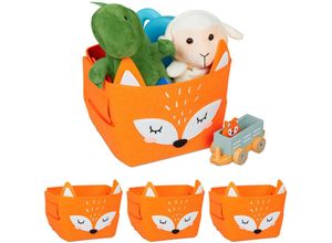 4052025487218 - Relaxdays - 4 x Aufbewahrungskorb Filz Fuchs-Motiv Filzkorb Kinder faltbar HxBxT 24 x 27 x 18 cm Spielzeugkorb orange