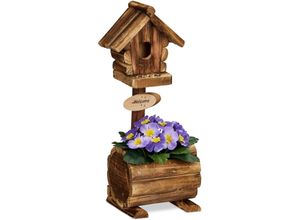 4052025488338 - Deko Vogelhaus mit Blumentopf Tannenholz rustikales Design HxBxT 41 x 15 x 15 cm Dekohäuschen natur - Relaxdays