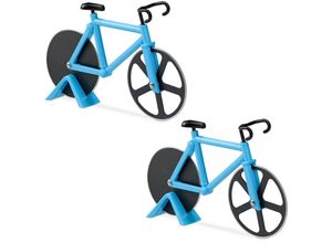 4052025488512 - Relaxdays - 2 x Fahrrad Pizzaschneider lustiger Pizzaroller mit Schneiderädern aus Edelstahl Cutter für Pizza & Teig blau