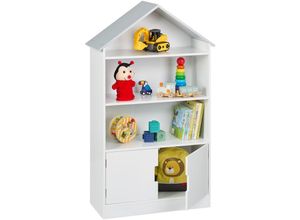 4052025489311 - Kinderregal Hausförmiges Bücherregal 3 offene Fächer 1 geschlossenes Fach hbt 115 x 68 x 28 cm weiß grau - Relaxdays