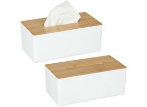 4052025489557 - Relaxdays - 2 x Tücherbox mit Deckel aus Bambus fürs Bad modernes Design Kunststoff h x b x t 10 x 26 x 14 cm weiß natur