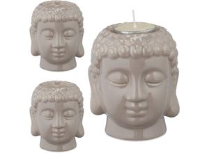 4052025489588 - Relaxdays - 3 x Buddha Teelichthalter Keramik Buddha-Kopf für Teelicht Zen-Deko für Wohnzimmer & Bad Feng Shui Deko grau