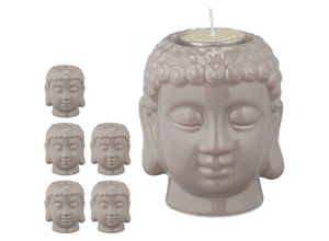 4052025489595 - 6 x Buddha Teelichthalter Keramik Buddha-Kopf für Teelicht Zen-Deko für Wohnzimmer & Bad Feng Shui Deko grau