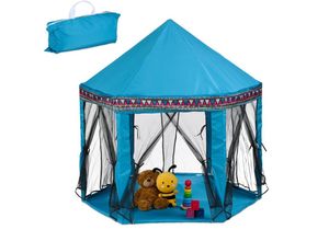 4052025491413 - Relaxdays Spielzelt sechseckig für Kinder Spielhaus indoor HBT 135 x 140 x 140 cm Kinderzelt 6 Eingänge türkis