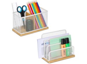 4052025494872 - Relaxdays - Schreibtisch Organizer Set 2-tlg Metall Briefständer & Stiftehalter Büro-Organizer Bambus weiß  natur