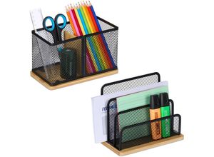 4052025494889 - Relaxdays - Schreibtisch Organizer Set 2-tlg Metall Briefständer & Stiftehalter Büro-Organizer Bambus schwarz  natur