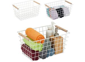 4052025870447 - Relaxdays - Drahtkorb 3er Set Metall Holzgriffe HxBxT 16 x 31 x 21 cm eckiger Aufbewahrungskorb Bad & Küche weiß