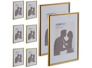 4052025879402 - Relaxdays Bilderrahmen 8er Set DIN A4 Hoch- & Querformat Fotorahmen zum Aufhängen Hinstellen mit Passepartout gold