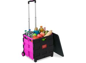 4052025879693 - Einkaufstrolley klappbar bis 35 kg 50 l Kiste mit Teleskopgriff 2 Rollen Transport Trolley pink schwarz - Relaxdays