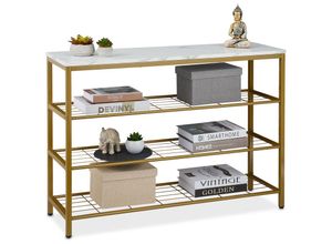4052025884956 - Konsolentisch Marmoroptik HxBxT 70 x 101 x 30 cm Metall & mdf schmale Konsole Flur 4 Ablagen gold weiß - Relaxdays