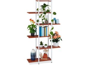 4052025885458 - Blumenregal Metall 6-stufige Indoor Blumentreppe Holzoptik hbt 150 x 78 x 24 cm Pflanzenregal rotbraun - Relaxdays