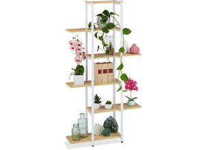 4052025885465 - Blumenregal Metall 6-stufige Indoor Blumentreppe Holzoptik hbt 150 x 78 x 24 cm Pflanzenregal hellbraun - Relaxdays