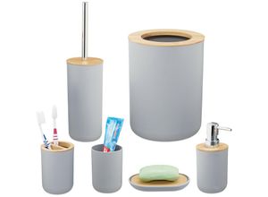 4052025886493 - Badezimmer Set 6-teilig Badaccessoires Kunststoff Bambus komplette Badezimmerausstattung Badset grau - Relaxdays