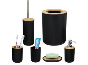 4052025886516 - Badezimmer Set 6-teilig Badaccessoires Kunststoff Bambus komplette Badezimmerausstattung Badset schwarz - Relaxdays