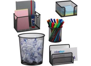 4052025887339 - Relaxdays - Schreibtisch Organizer 5er Set Büro & Zuhause Mülleimer Bürobox Briefhalter Stifte- & Zettelbox schwarz