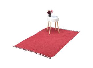 4052025889616 - Flickenteppich 120 x 180 cm Baumwolle handgewebt rutschfest waschbar mit Fransen Fleckerlteppich rot - Relaxdays