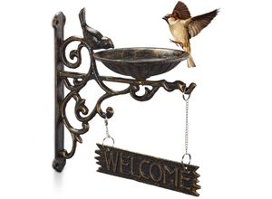 4052025905545 - Relaxdays - Vogeltränke Gusseisen welcome Schild Gartendeko Wandmontage Vintage Wasserschale für Wildvögel bronze