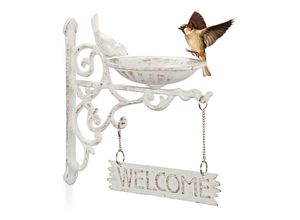 4052025905569 - Vogeltränke Gusseisen welcome Schild Gartendeko Wandmontage Vintage Wasserschale für Wildvögel weiß - Relaxdays