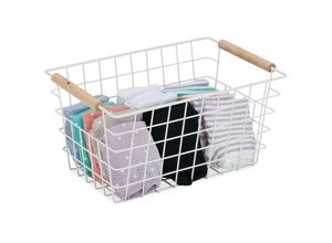 4052025908300 - Drahtkorb Holzgriffe rechteckig Gitter Design Kleidung Accessoires Metallkorb hbt 16x31x21 cm weiß - Relaxdays