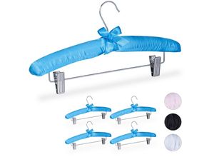 4052025908553 - Relaxdays - Satin Kleiderbügel im 5er Set gepolstert Vintage verstellbare Clips drehbarer Haken 38 cm breit blau