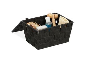 4052025912239 - Aufbewahrungskorb mit Deckel Flechtoptik Bad Organizer HxBxT 105 x 195 x 145 cm Kunststoff schwarz - Relaxdays