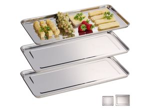 4052025912406 - Servierplatte 3er Set Edelstahl spülmaschinenfest Wurst Käse Party Schlemmerplatte 455x22 cm silber - Relaxdays