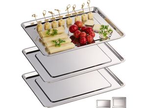 4052025912413 - Servierplatte 3er Set Edelstahl spülmaschinenfest Wurst Käse Party Schlemmerplatte 33x265 cm silber - Relaxdays