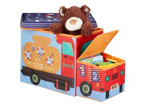 4052025916268 - Sitzbox Kinder Staubox mit Deckel Spielzeug faltbar Motiv Meer Stauraum Jungen & Mädchen 50 l blau rot - Relaxdays