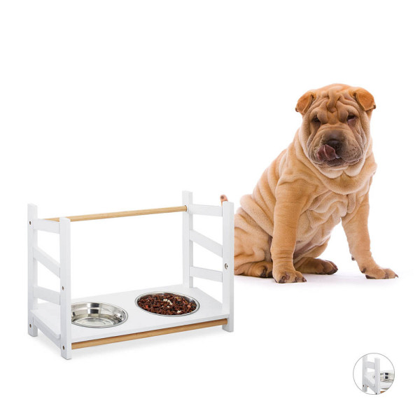 4052025923662 - Relaxdays - Futterstation für Hunde 2x 1000 ml Edelstahl-Napf höhenverstellbar Napferhöhung 39 cm Bambus mdf weiß