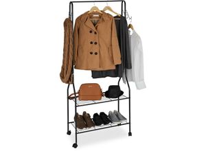 4052025923990 - Rollgarderobe mit 2 Ablagen f Schuhe Taschen Accessoires Haken Metall stabiler Kleiderständer schwarz - Relaxdays