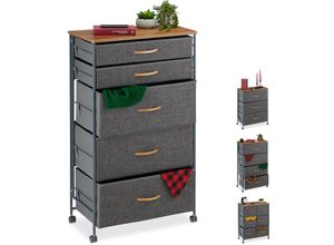 4052025927486 - Relaxdays - Schubladenschrank mit Rollen 5 Stoff Schubladen Deko Stoffschrank Holzoptik hbt 965 x 58 x 30 cm grau