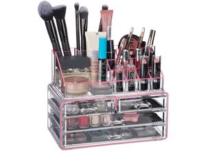 4052025928834 - Relaxdays Make Up Organizer Acryl 2-teilige Schminkaufbewahrung mit Lippenstifthalter & 4 Schubladen transparent pink