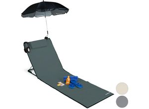 4052025929398 - Relaxdays Strandmatte gepolsterte Strandliege XXL m Sonnenschirm 3-stufig verstellbar Kopfkissen tragbar anthrazit