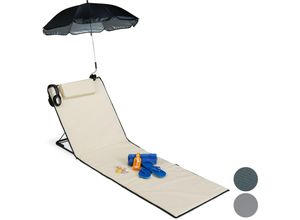 4052025929404 - Strandmatte gepolsterte Strandliege xxl mit Sonnenschirm 3-stufig verstellbar Kopfkissen tragbar beige - Relaxdays