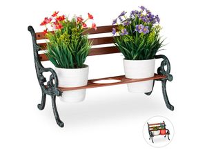 4052025930097 - Mini Blumenbank Gusseisen & Holz Blumenständer für 3 Blumentöpfe ø 9 cm Garten Deko Bank braun grau-grün - Relaxdays