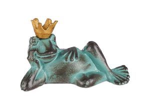 4052025930127 - Relaxdays - Gartenfigur Froschkönig wetterfest liegender Frosch mit Krone Dekofigur Balkon Gusseisen Größe l grün