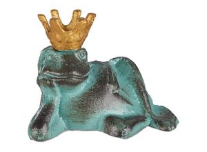 4052025930134 - Relaxdays - Gartenfigur Froschkönig wetterfest liegender Frosch mit Krone Dekofigur Balkon Gusseisen Größe m grün