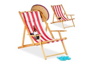 4052025938178 - Liegestuhl im 2er Set Strandliegestuhl mit Getränkehalter ø 10 cm Bambus für Balkon & Garten klappbar rot - Relaxdays