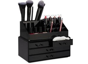 4052025940294 - Make Up Organizer klein 2-teilige Schmink Aufbewahrung Acryl mit Lippenstifthalter und 4 Schubladen schwarz - Relaxdays