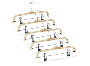 4052025942052 - Relaxdays - Hosenbügel Holz 5er Set verstellbare & gummierte Clips 360° drehbarer Haken Kleiderbügel 37cm breit natur