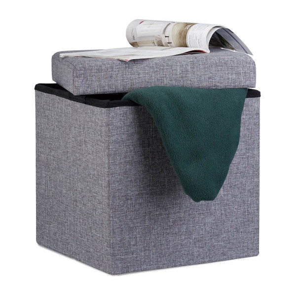 4052025963866 - Faltbarer Sitzhocker Sitzcube als Fußablage Sitzwürfel aus Leinen mit Deckel hbt 38x38x38 cm dunkelgrau - Relaxdays