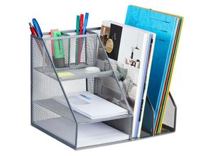 4052025965631 - Relaxdays - Schreibtischorganizer 7 Fächer Stiftablage Metall h x b x t 26 x 31 x 255 cm Büro Organizer Mesh silber