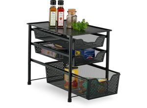 4052025965808 - Schubladenregal stapelbarer Büro Organizer 3 Ausziehkörbe Metall Küche Bad hbt 35x28x425 cm schwarz - Relaxdays