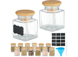 4052025966140 - Gewürzgläser 14er Set Gewürzdosen Glas 50 ml mit Etiketten Stift & Trichter Bambus transparent natur - Relaxdays