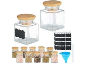 4052025966157 - Gewürzgläser 12er Set Gewürzdosen Glas 50 ml mit Etiketten Stift & Trichter Bambus transparent natur - Relaxdays