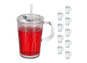 4052025966256 - Trinkgläser 10er Set Getränkebecher mit Deckel & Strohhalm Eisteebecher 450 ml Saftglas Henkel transparent - Relaxdays