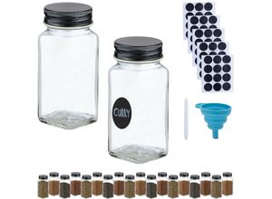 4052025972875 - Gewürzgläser 20er Set Streueinsatz Gewürzdosen Glas 120 ml mit Etiketten & Trichter transparent schwarz - Relaxdays