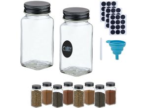 4052025972882 - Gewürzgläser 10er Set Streueinsatz Gewürzdosen Glas 120 ml mit Etiketten & Trichter transparent schwarz - Relaxdays